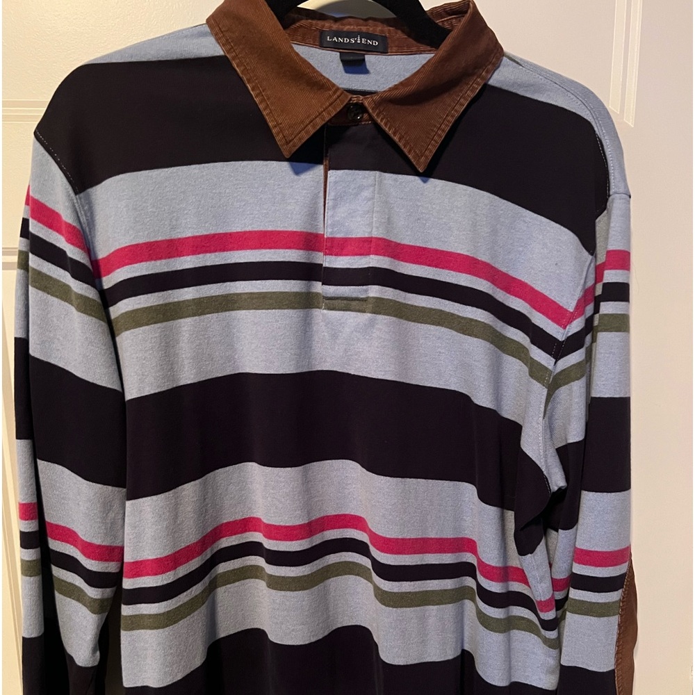Vintage Lands End Rugby Shirt men’s Size Large Corduroy Collar Elbow Pads